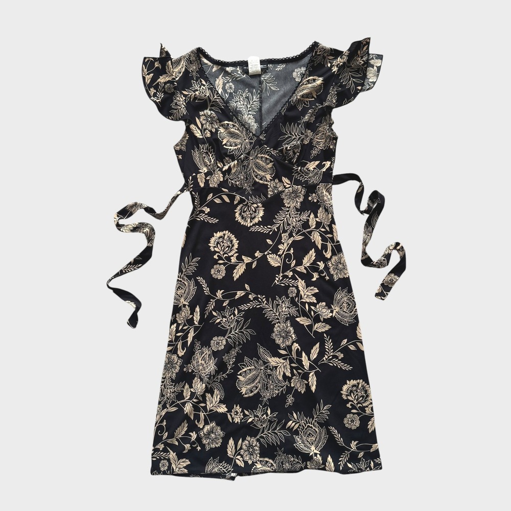 Vintage Y2K 90s City Triangles Black Tan Floral Mini Dress S Whimsigoth Coquette